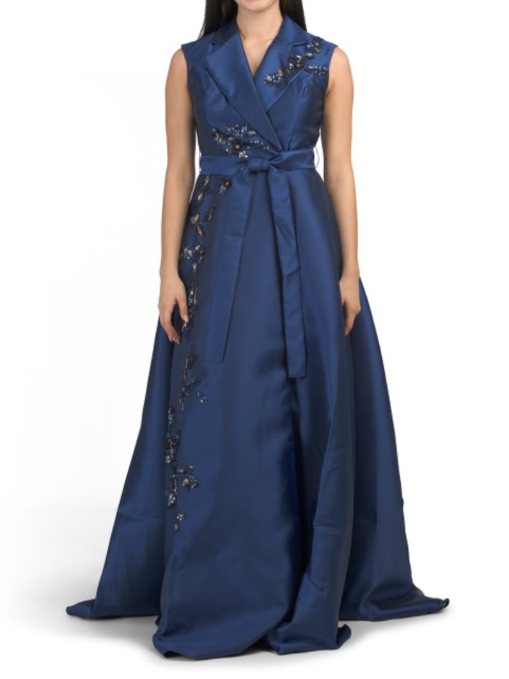 RENE BY RENE RUIZ Navy Sleeveless Sequin And Bead Embellished Mikado Gown